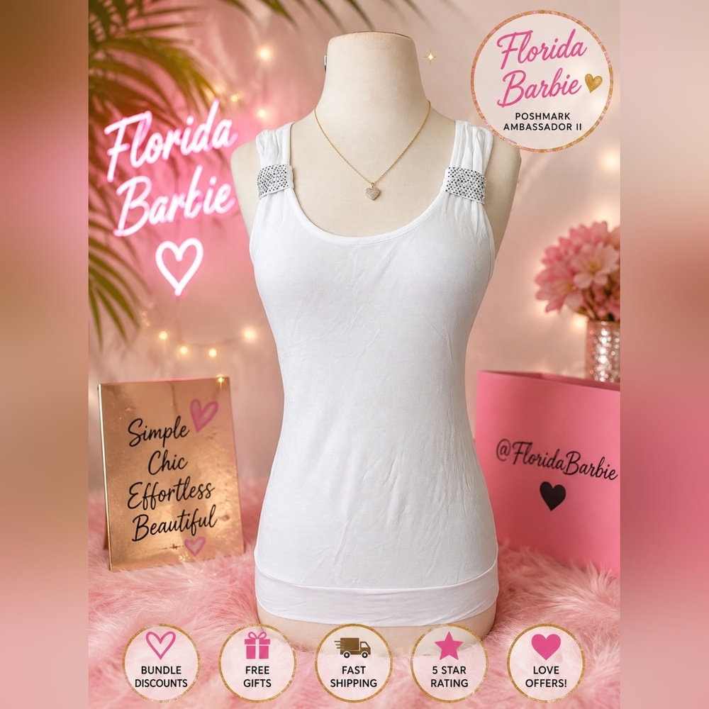 Body Central White Sleeveless Scoop Neck Sparkle Straps Lightweight Tank Top